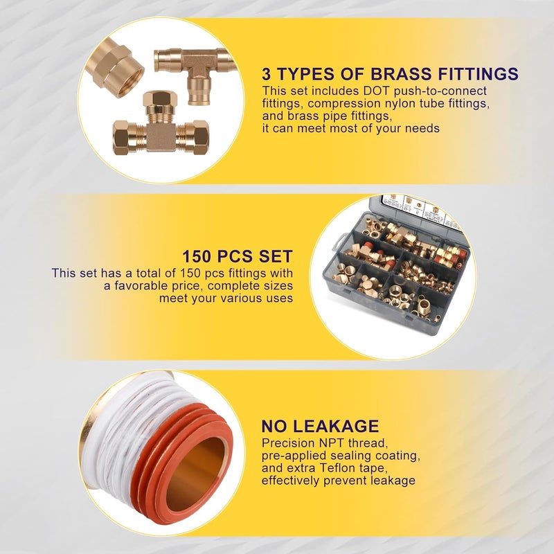 Ailbiuko 150Pcs Brass DOT Push-To-Connect Fittings & Compression Air Nylon Tubing Fittings Assortment Kits,1/4" 1/8" 3/8" 1/2" Air Brake Line Air Hose Fittings for Truck or Industrial Air System - Image 4